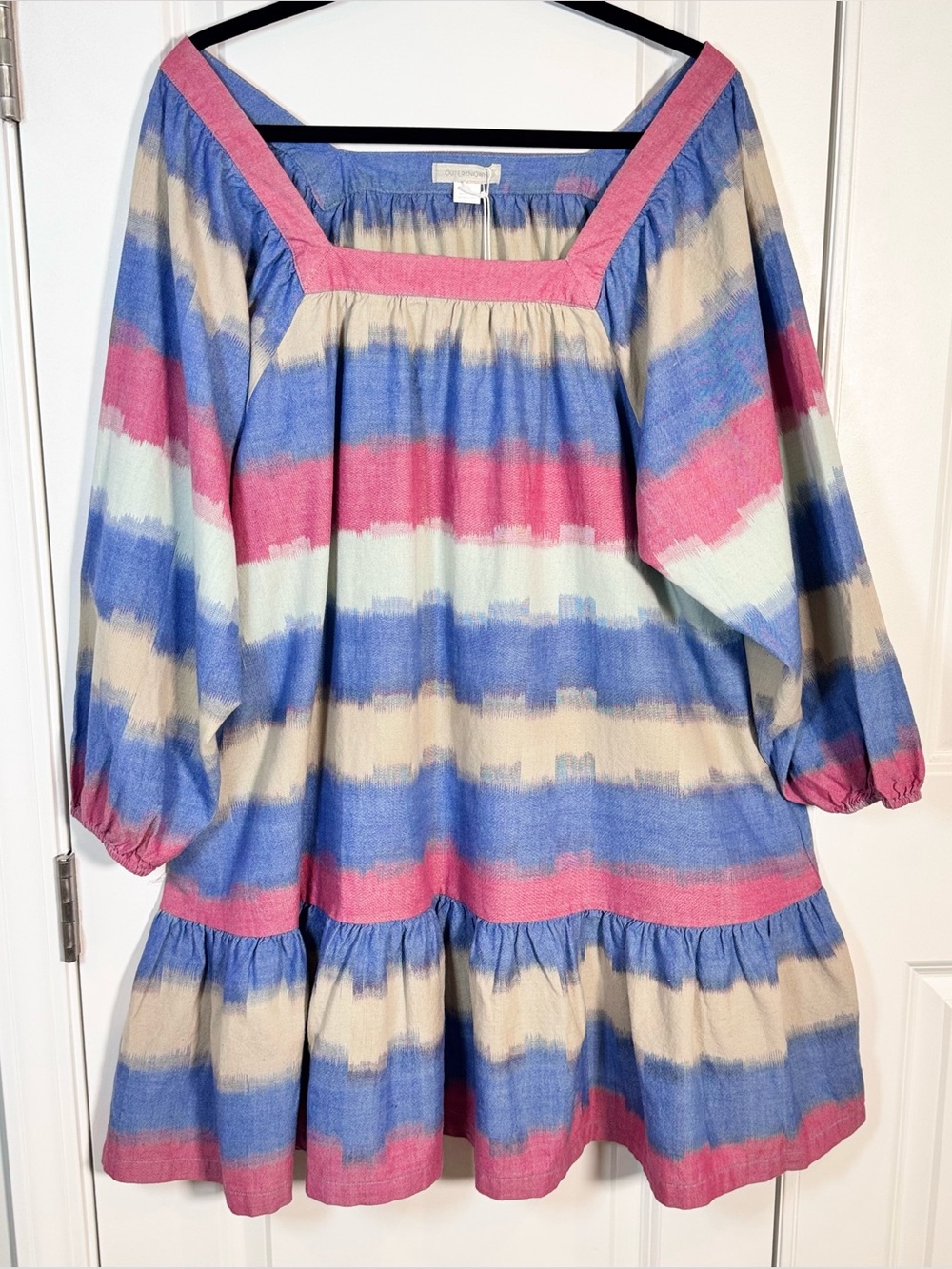 Outerknown Miro Dress Women L NWT Organic Cotton Ikat Stripe Puff Sleeve Boho